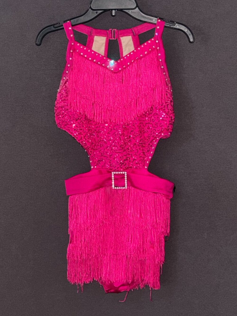 Weissman Hot Pink Sequin Fringe Rhinestone Halter Dance Costume Dress SA